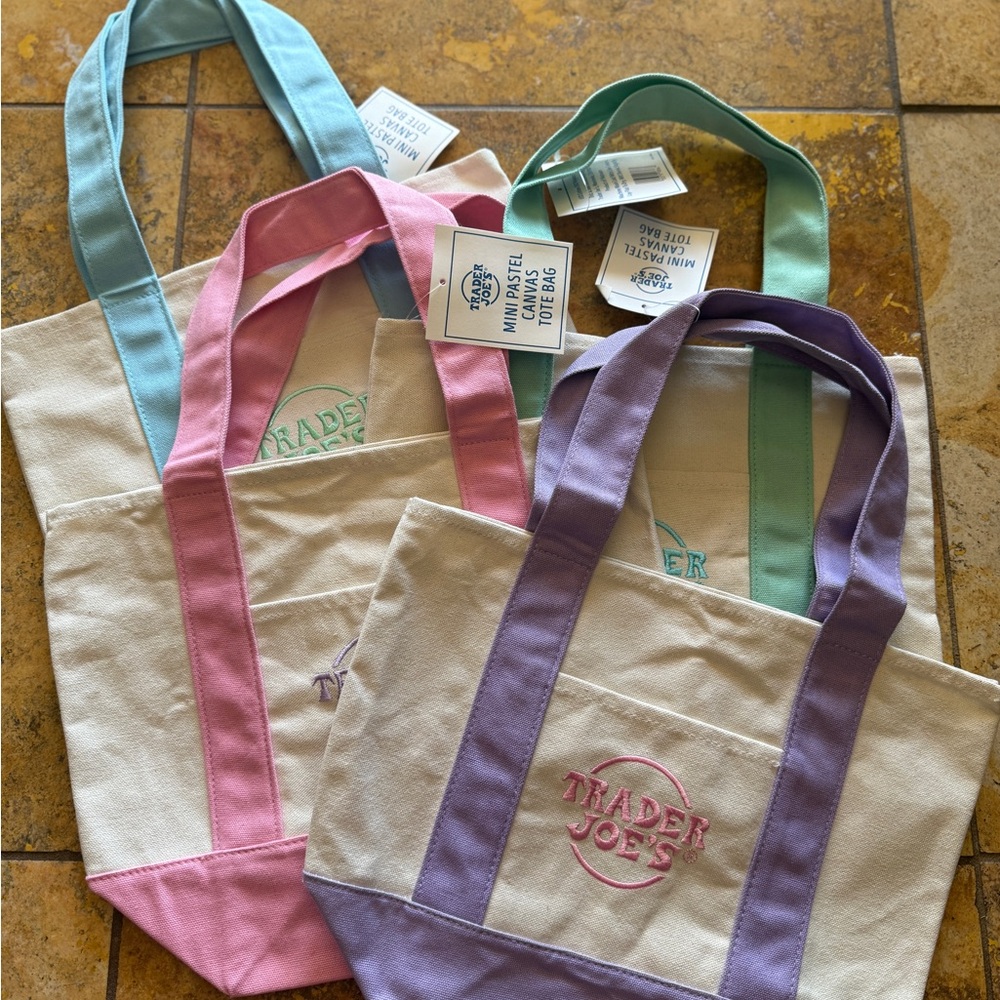 Trader Joe's Mini Canvas Tote Bags 4pc - Teal, Purple, Pink, Green Pastel Combo